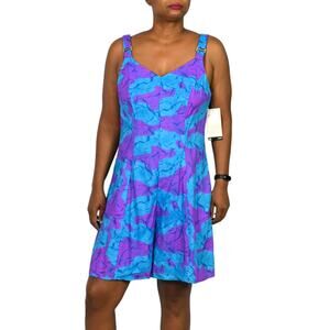 Vintage Basic Editions Romper Blue Purple Print Playsuit Shorts Rayon 90s Large